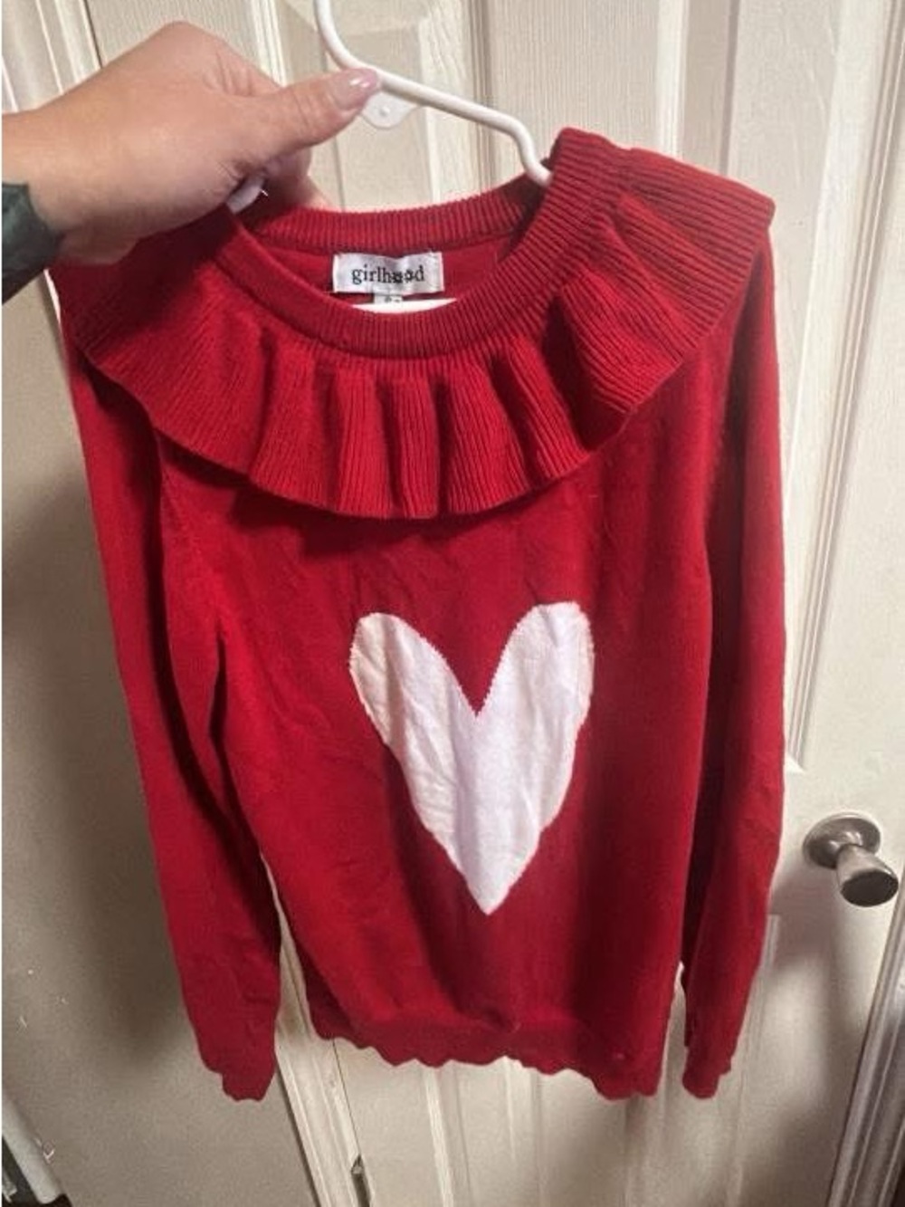 Girlhood Red Heart Ruffle-Neck Sweater